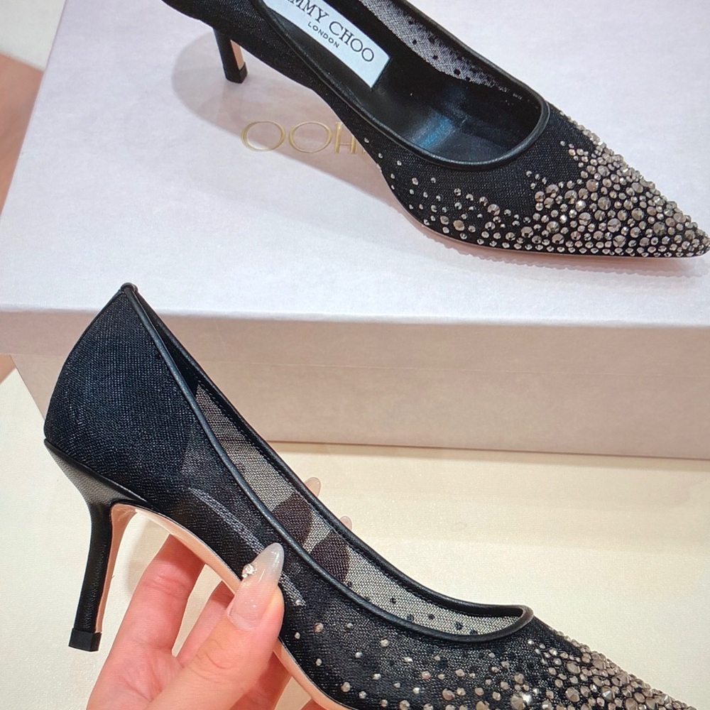 Jimmy Choo Black Pointed-Toe Mesh Flats with Crystal Studs - Picture 5 of 5